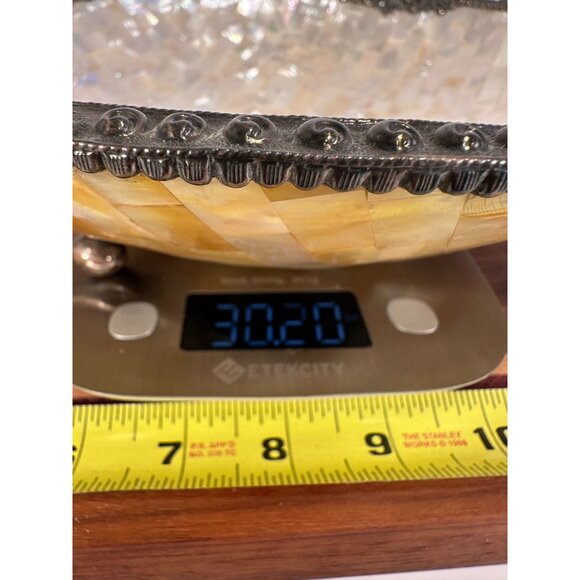 Handcrafted Mother-Of-Pearl Decorative Bowl With Ornate Metal Trim & Gem Accents - Picture 8 of 12